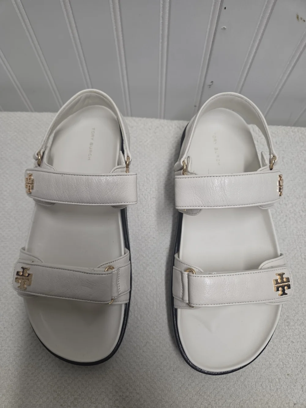 Tory Burch White Leather Kira Platform Sporty Sandals with Gold Logo